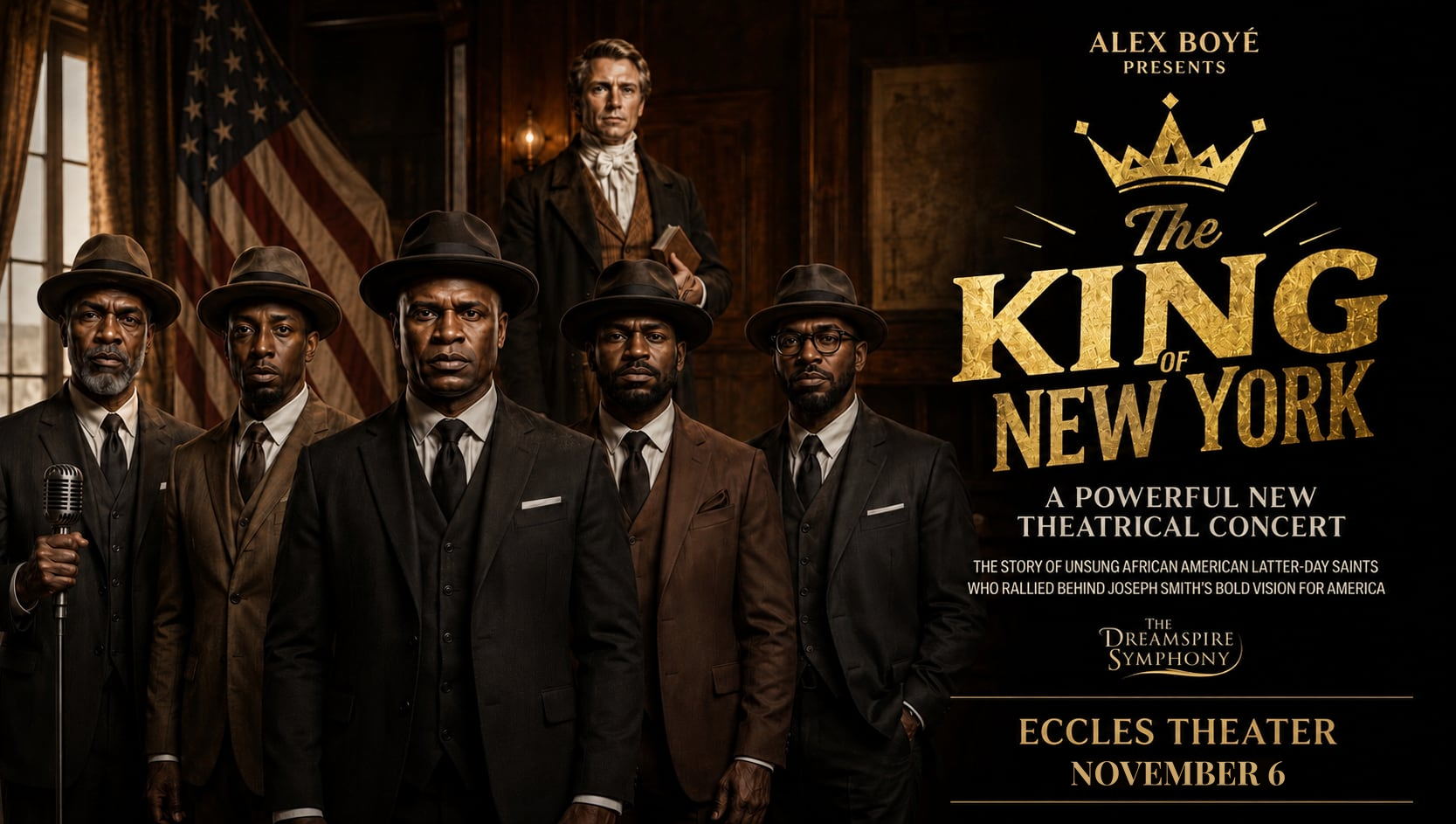 Five Black pioneers stand before Joseph Smith in a 19th-century study, beneath the gilded title The King of New York